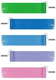 three different colored paint rollers with one blue, the other pink and green on them