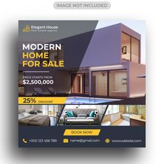 a modern home for sale flyer is shown in yellow and blue colors with an image of a house