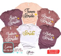 six bride t - shirts in different colors