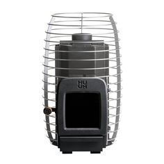 a black and white photo of a metal caged device on a white background with clippings