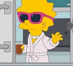 the simpsons character is wearing sunglasses and holding a drink in front of an open door