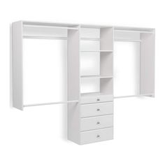 an open white closet with drawers and shelves