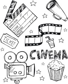 a black and white drawing of cinema related items with the words cinema written below it