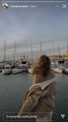 a woman is looking at the boats in the harbor on a cloudy day with her back turned to the camera