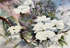 watercolor painting of white flowers and green leaves