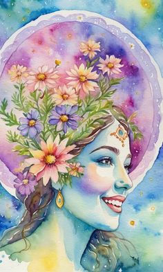 a watercolor painting of a woman with flowers in her hair and wearing a hat