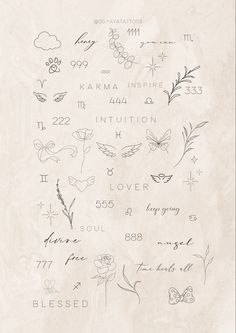 the back side of a sheet of paper with writing on it and flowers, butterflies, and hearts