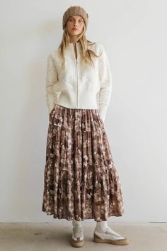 Midi skirt in brown Denim Jumpsuit Overalls, Three Tiered Skirt, Maxi Outfits, Layered Sweater, Skirt Floral, Stretch Skirt, Weekend Brunch, Denim Accessories, Dresses By Length