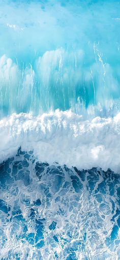 an abstract painting of the ocean waves and blue sky with white foamy clouds in the foreground