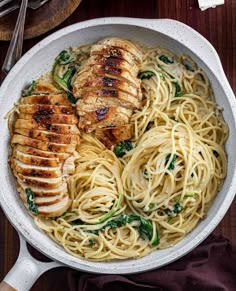 chicken and pasta in a skillet on a wooden table