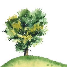 a watercolor painting of a tree on top of a green hill with yellow flowers