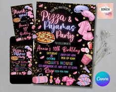 a pizza and pajamas birthday party with pink decorations on the front, black back and sides