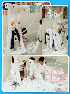 three pictures of children playing with toilet paper and scissors in a room filled with white sheets