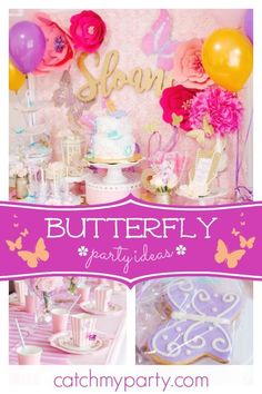 a butterfly themed birthday party with pink and yellow balloons, cake, cookies and decorations