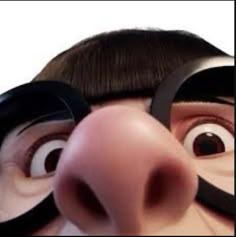 a close up of a cartoon character with glasses on his face and nose looking at the camera