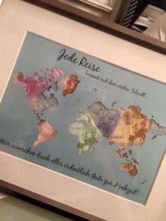 a framed world map with the words jele reie on it's side