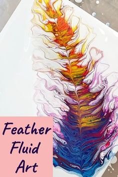 an art project with feathers painted on it and the words feather fluid art written below