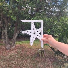 a hand holding a white star shaped object in front of a tree and grass area