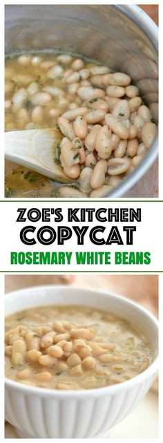 white bean soup in a bowl with spoons and the words zoo's kitchen copycat rosemary white beans