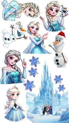 disney frozen princesses and snowmen are depicted in this cartoon character drawing style poster