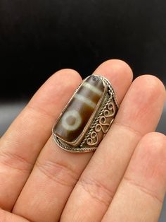 Old Rare Ethnic Tibetan 1 Eye Dzi With 2 Large Strip Ring, Sterling Silver Natural Agate Tibetan Bead, Eye Beads Unisex Ring, Size 9 US Bohemian Agate Rings With Gemstones, Silver Mens Rings, Tibetan Jewelry, Mens Rings, Gold And Silver Rings, Eye Beads, Mens Silver Rings, Ring Stone, Agate Ring