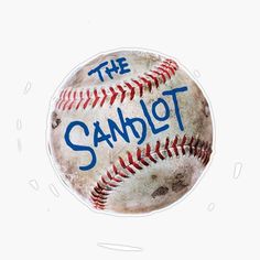 an old baseball with the san diego logo on it's back and blue lettering that says, the sandlot