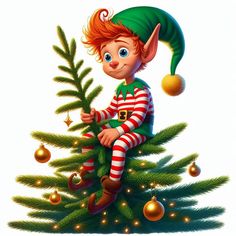 a elf sitting on top of a christmas tree