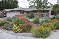 a house with flowers in the front yard and trees on the other side of it