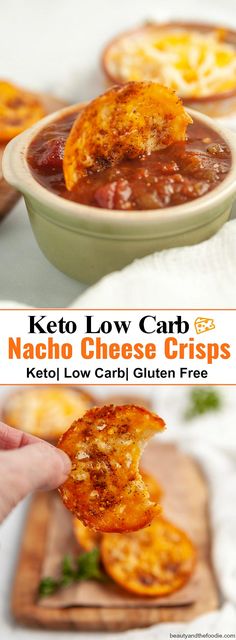 keto low carb nacho cheese crispes in a bowl on a cutting board