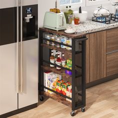 a kitchen cart with food and drinks on it