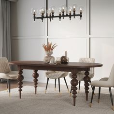 a dining room table with chairs and a chandelier hanging from the ceiling above it