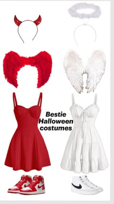 some red and white outfits with wings on the top, one is for halloween costumes