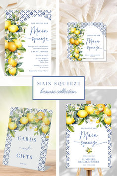 the lemon tree wedding stationery is shown in blue and white, with yellow flowers on it