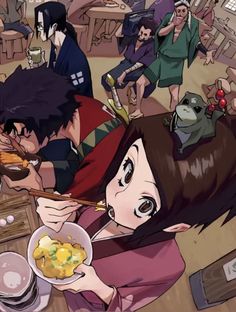 an anime character eating food with other people in the background