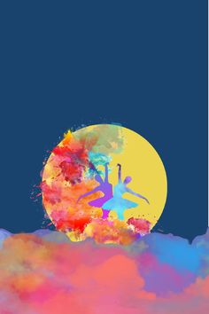 a painting of a person doing yoga in front of a full moon with colorful clouds