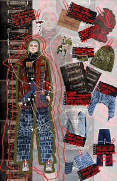 a collage of clothes and clothing items on a piece of paper with red thread