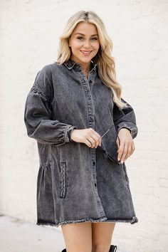 Details Charcoal Chambray Long Sleeve Mini Dress Fabric has no stretch, relaxed and flowy fit Collared button down closure, long bishop style sleeves, functional pockets with braided detail, and frayed hem Pair this cute dress with a fedora and tall boots Unlined Size small from shoulder to hem: 33" Material and Care 100% cotton Hand wash, dry flat Patterns may vary Materials may have natural variations Colors may vary from different viewing devices. White Lace Dress Outfit, Lace Dress Outfit, Charcoal Dress, Taupe Dress, Swiss Dot Dress, Flats Patterns, Rust Dress, Coral Dress, Dress Dusty