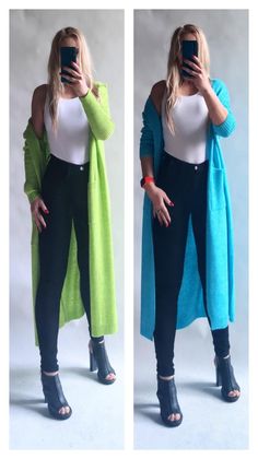 Coat, long sweater with a hood in two colors with pockets, ribbed sleeve. COLORS -lime -turquoise PLEASE SPECIFY THE COLOR OF THE SWEATER WHEN PLACING AN ORDER Sweater measurements laid flat; Length 117cm Width 66cm Long arm drooping about 25 cm Sleeve length 38cm Composition 18% wool, 55% acrylic, 20% polyester, 7% polyamide Universal size Gilet Long, Cardigan Long, Long Sweater, Long Sweaters Cardigan, Lovely Colors, Long Cardigan, Long Sweaters, Cardigans For Women, Sweater Outfits