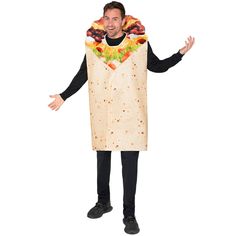 a man in a taco costume standing with his hands out