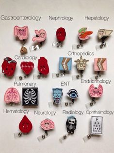 an assortment of brooches and pins on a white board with words describing the different types of brooches