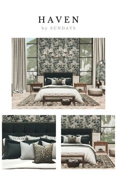 an image of a bedroom with floral wallpaper and bedding in various stages of being made