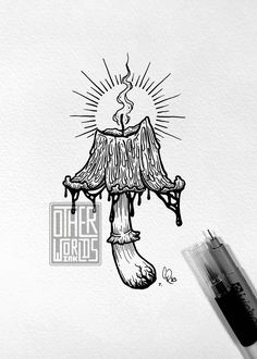 an ink drawing of a candle on top of a piece of paper