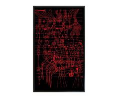 an abstract painting with red lines on black