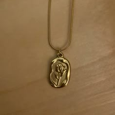 Rose Necklace Gold-Plated Stainless Steel 16”-18” Length, 1” Drop Pendant Laser Engraved Necklace, Rose Necklace Aesthetic, Rose Gold Jewelry Aesthetic, Thrifted Jewelry, Lamp Necklace, Trendy Gold Necklace, Gold Rose Necklace, Katie Rose, Gold Vintage Jewelry