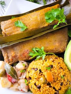 an assortment of food on a plate with avocado, rice and other items