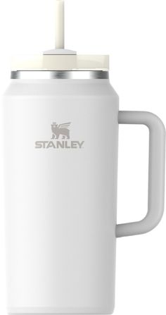 the stanley coffee mug is white and has a stainless steel lid