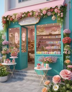 a store front with flowers and candles on display