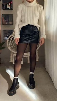 Skirt And Stockings Outfit Winter, Knee High Boots With Stockings Outfit, Stockings And Skirt Outfit, Leather Skirt And Jumper Outfit, Afternoon Date Outfit Winter, Leather Skirt Date Night Outfit, How To Style Leather Mini Skirt, Skirt With Stockings Outfit Winter, Black And White Jumper Outfit