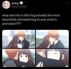 two anime characters hugging each other with the caption that says, okay but why is this hug actually the most beautifully animated hug ever in animation???????