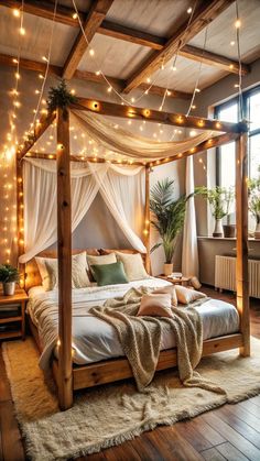 a bed with white curtains and lights on the ceiling